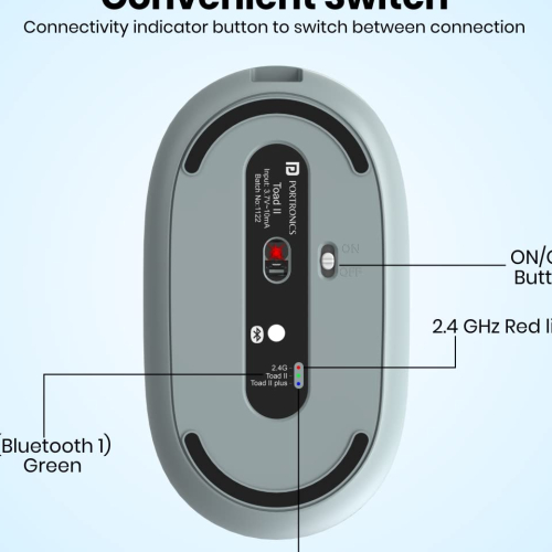 Portronics Toad II Bluetooth Mouse, with Bluetooth 5.0 &amp; 2.4 Ghz Dual Wireless Connectivity, Rechargeable Battery, Adjustable DPI up to 1600 Compatible with Laptop, MacBook, PC (Grey)